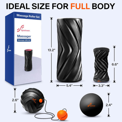 Sportneer 4 in 1 Foam Roller Set: Dual Textures Foam Roller, Foot Roller, Lacrosse Ball, Traction Massage Ball with String, Deep Massage Roller for Whole Body Release, Physical Therapy (Black)