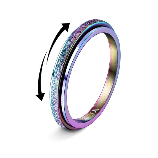 Diamday Fidget Rings for Women Men - 2mm Colorful Spinner Stainless Steel Ring for Anxiety Stress Relief Glitter Sandblast Spinning Figit Anxiety Jewelry for Wedding Promise Size 8