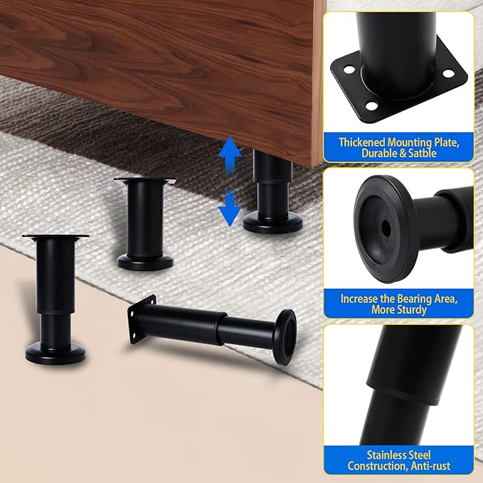 4 Pcs Adjustable Height Furniture Support Legs 3.15-4.72 inch, Metal Heavy Duty