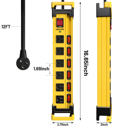 Power Strip Surge Protector 2700J with Individual Switches and Flat Plug, 3FT Heavy Duty Cord 6 Wide Spaced Outlet Mountable Metal Power Strips with Cord Manager and Hanger