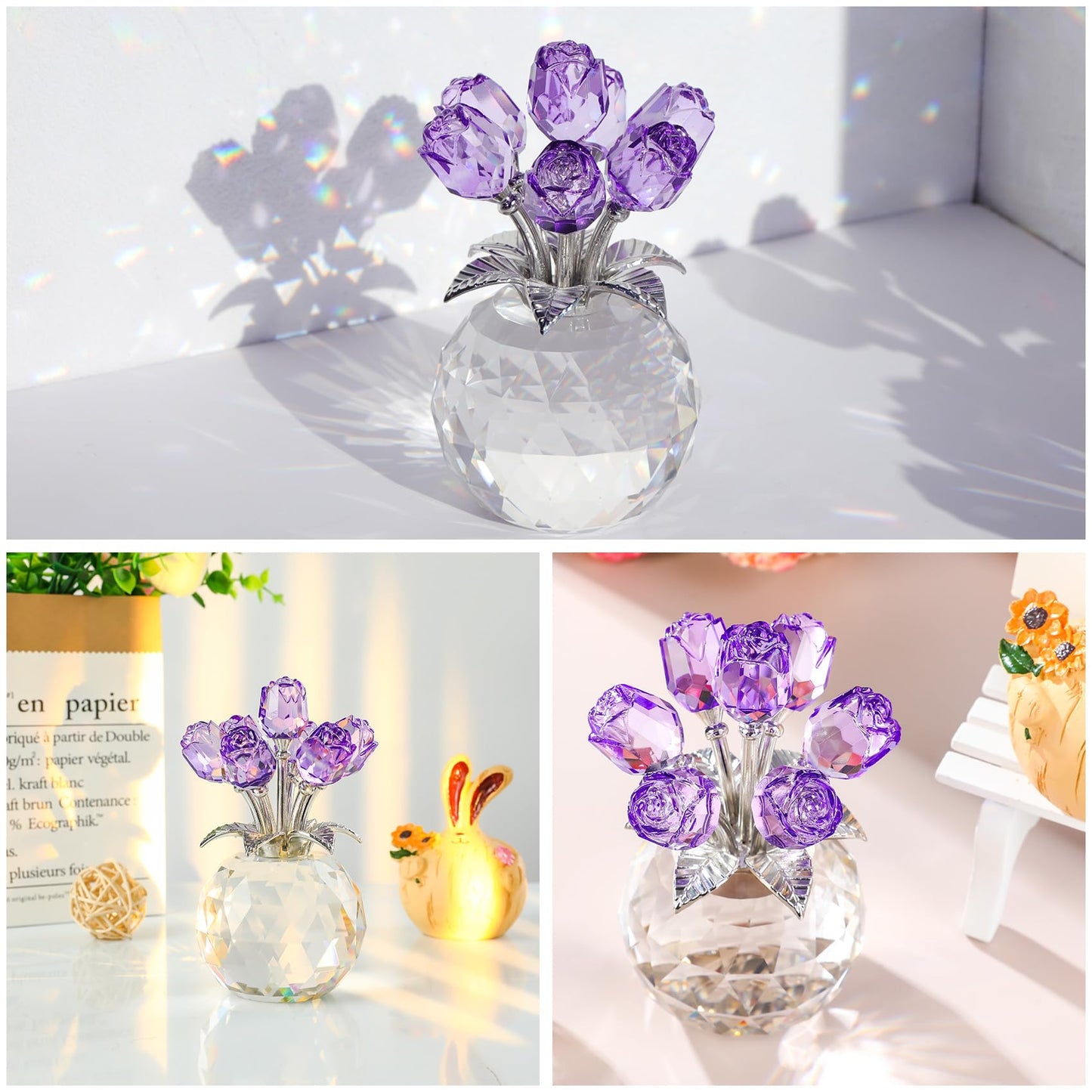 Crystal Rose Figurines Gifts for Women Valentine's Day, Glass Floral Ornament for Mother's Day Birthday Christmas Amethyst Collectible Rose Flowers Anniversary Floral Presents for Her (Purple)
