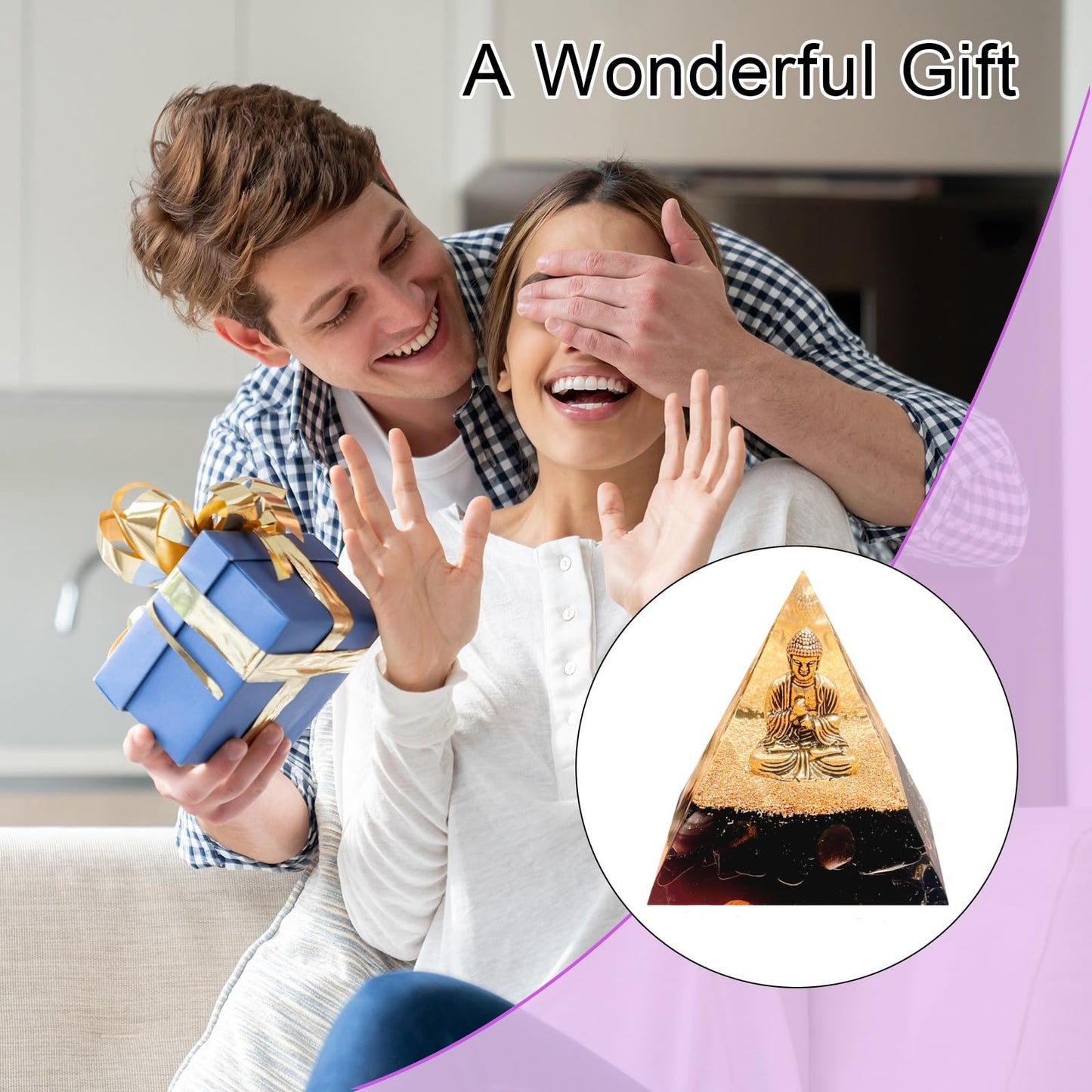 Saefheled Natural Obsidian Orgone Pyramid, Orgonite Crystal Healing Pyramid with Built-in Buddha Statue, Attract Wealth Success, Prosperity, Balance Chakra Used for Meditation & Healing, 6cm