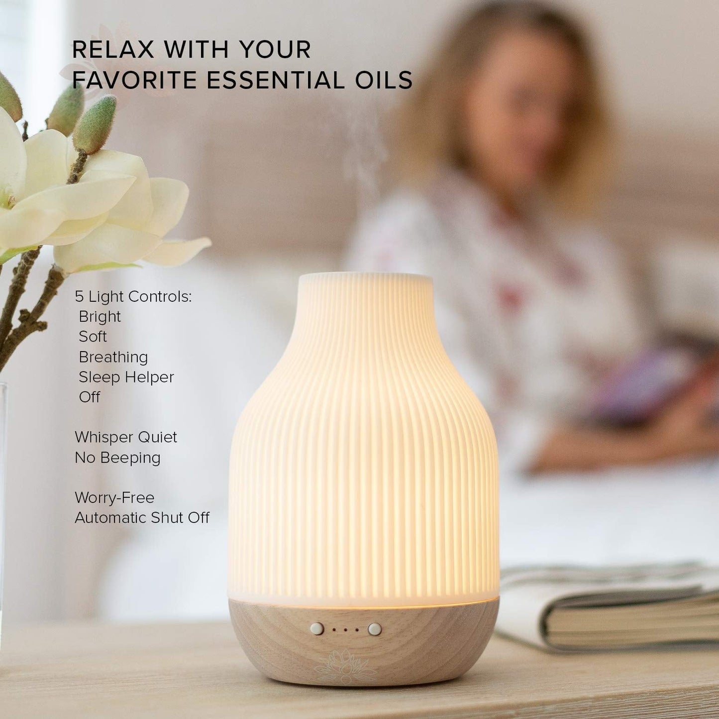 Sacred Lotus Love Ceramic Essential Oil Diffuser – Ultrasonic Aroma Diffuser with Wood Base, Ambient LED Light and Timer Settings