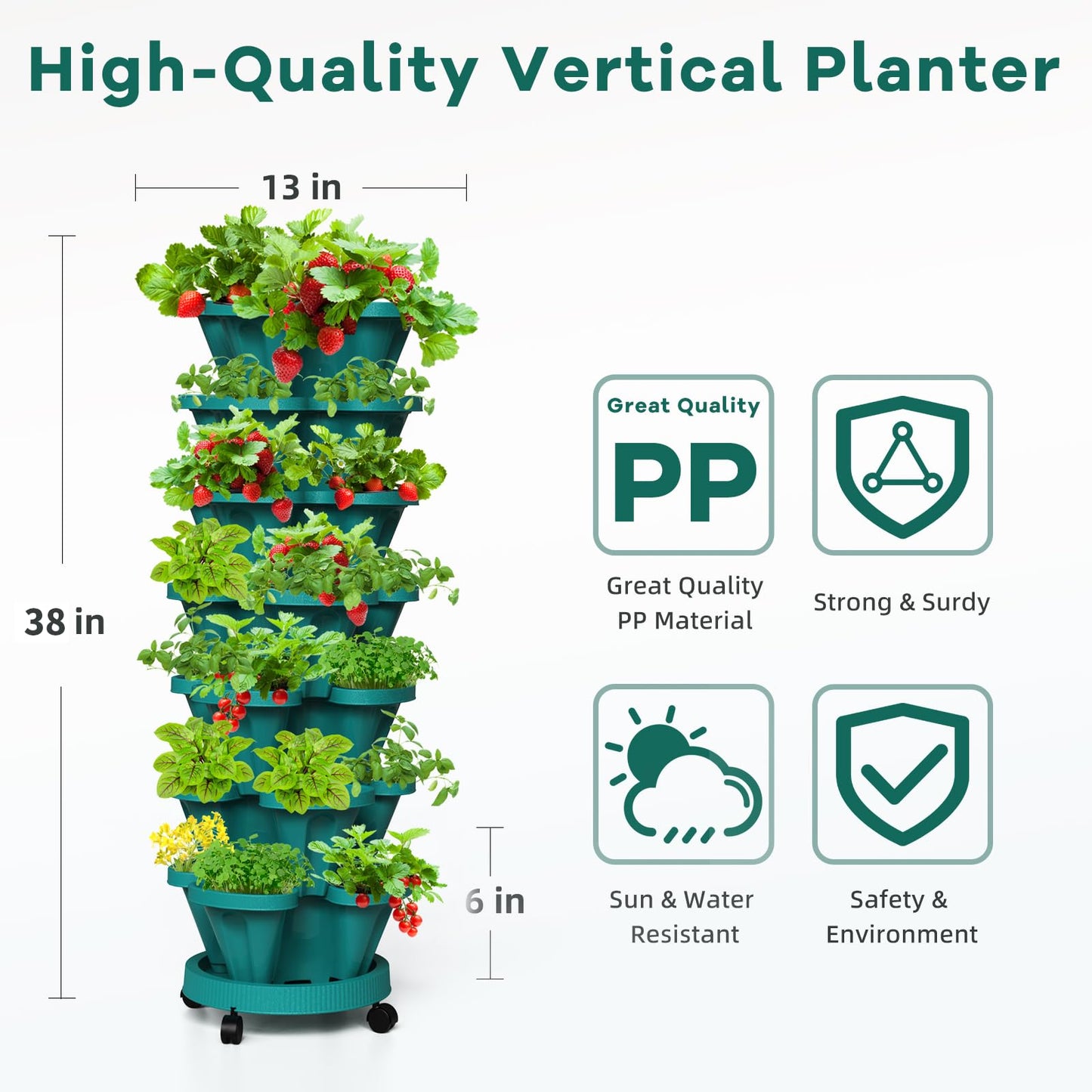 Tectsia Strawberry Vertical Planters Tower Garden, 7 Tiered Stacking Herb Vegetable Planter with Support Pole Indoor and Outdoor - Hunter Green