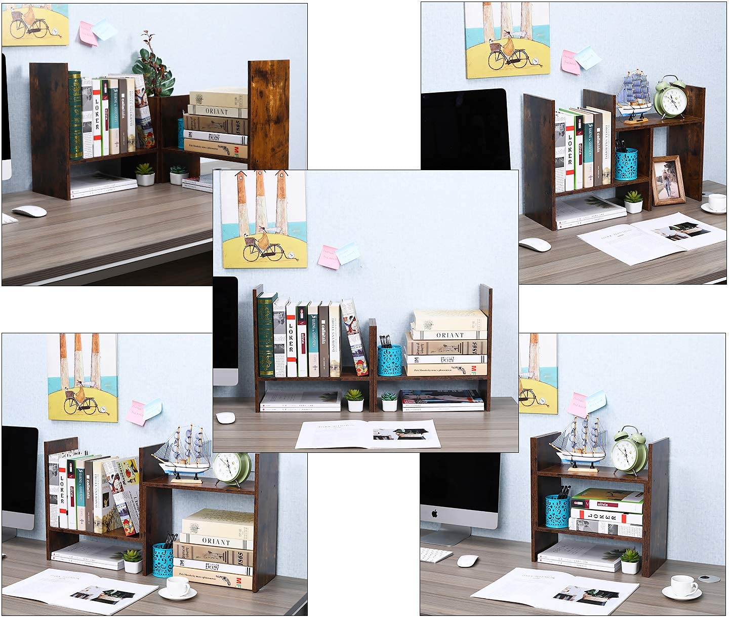 PAG Adjustable Desktop Shelf Wood Small Bookshelf Desk Supplies Organizers and Accessories Storage Display Rack Office Decor, Antique Brown