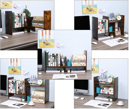 PAG Adjustable Desktop Shelf Wood Small Bookshelf Desk Supplies Organizers and Accessories Storage Display Rack Office Decor, Antique Brown