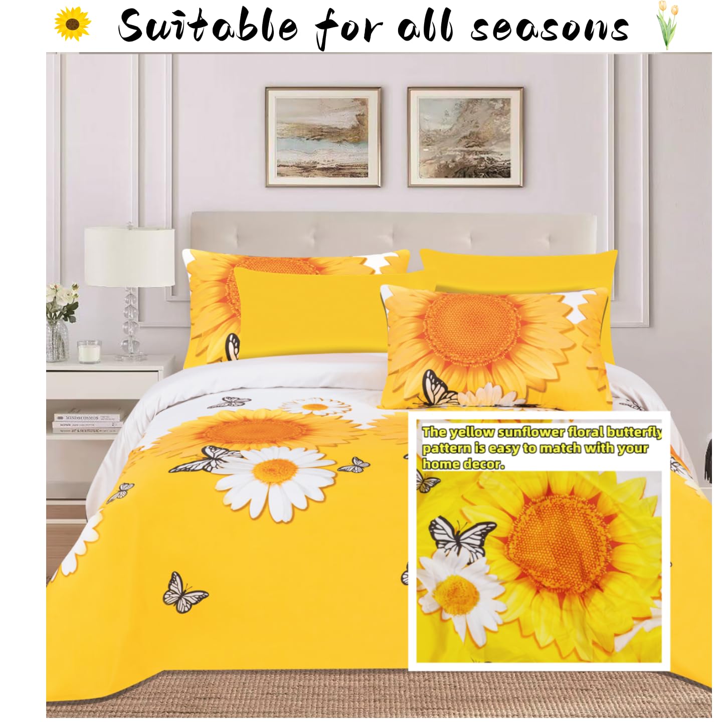 6Pcs Bed Sheet Set Queen Size, Cute Sunflower Floral Printed Soft Microfiber Bedding Sets with 1 Butterfly Patterned Sheet 1 Deep Pocket Fitted Sheet and 4 Pillowcases, Yellow