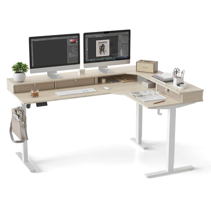 CubiCubi L Shaped Standing Desk with Drawers 63 x 48 Inch Adjustable Height, Electric Corner Desk with Storage, Sit Stand Home Office Desk with Splice Board, Light Walnut