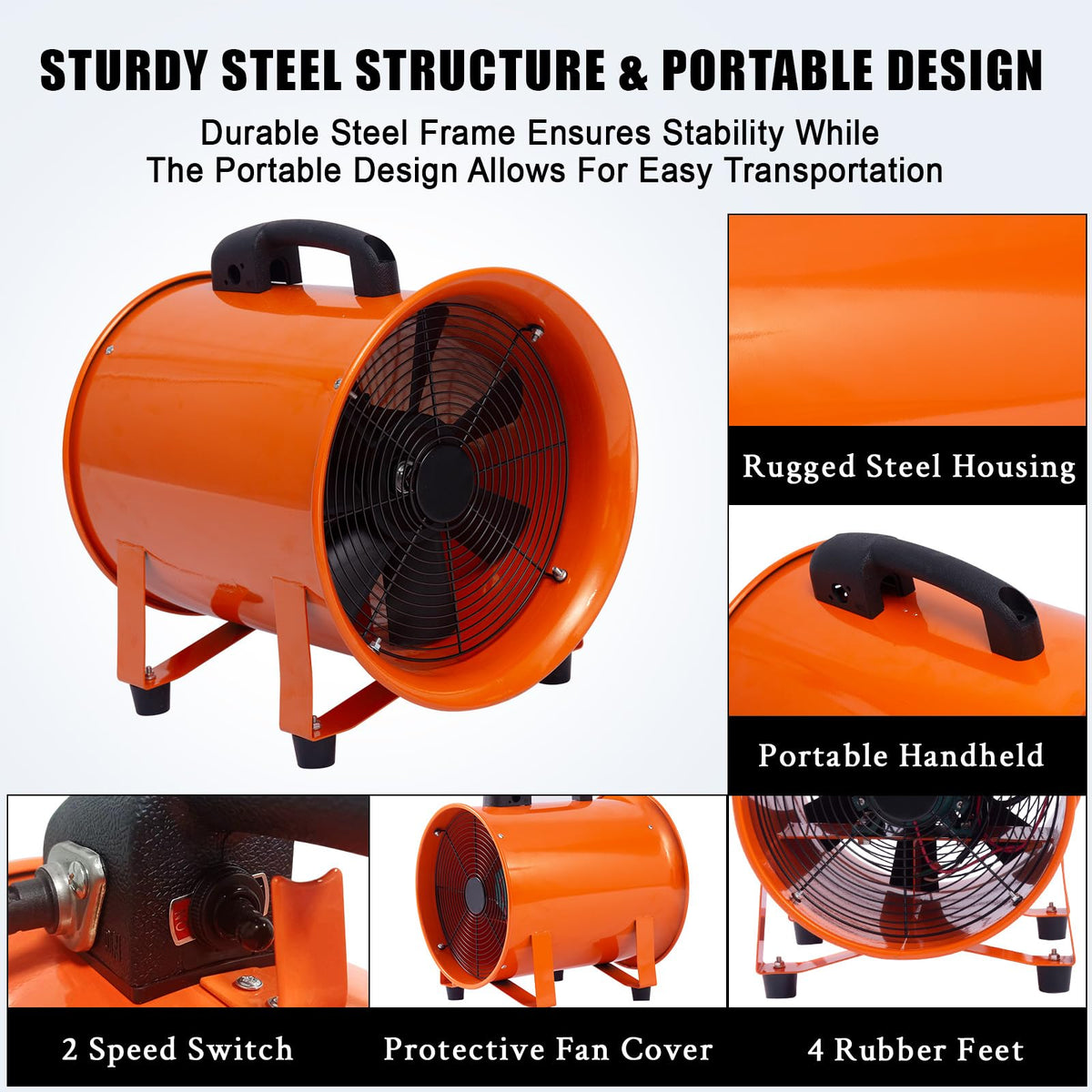 ExploreHorizon 16-Inch Heavy Duty Portable Exhaust Fan - 5500 CFM High Velocity Blower, 2-Speed Adjustable with 32ft Vinyl Hose - Ideal for Crawl Spaces, Attics, Basements, Workshops, Garage