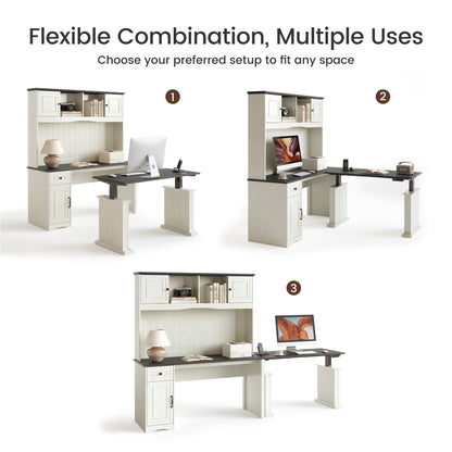BANTI 60" Adjustable L Shaped Executive Desk with Hutch and Storage Cabinet, Farmhouse Computer Desk with Charging Station, Reversible Home Office Workstation, Antique White