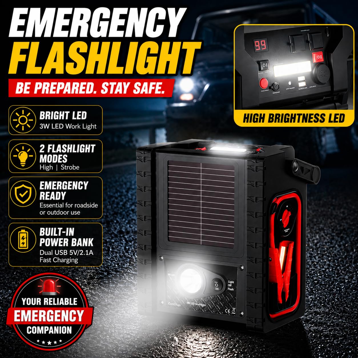 ZunDian 2000A Car Jump Starter & Battery Booster with Air Compressor – 12V Portable Car Starter for Trucks, SUVs, RVs & Cars – 400W AC Inverter, USB/DC Ports, LED Flashlight,Solar Charging