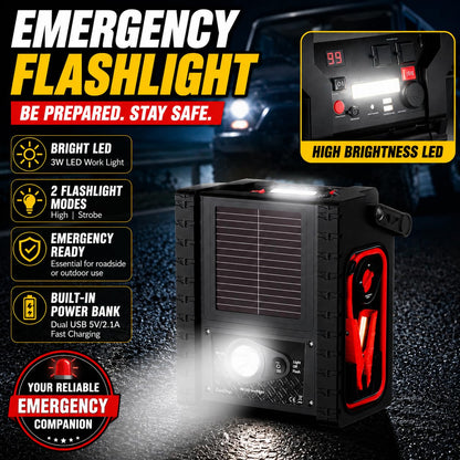 ZunDian 2000A Car Jump Starter & Battery Booster with Air Compressor – 12V Portable Car Starter for Trucks, SUVs, RVs & Cars – 400W AC Inverter, USB/DC Ports, LED Flashlight,Solar Charging