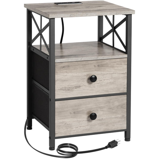 AMHANCIBLE Night Stand, Nightstand with Charging Station, End Tables Living Room with Fabric Drawer, Bedside Table with USB Ports and Outlets for Small Spaces Bedroom, Greige HET05XGY1