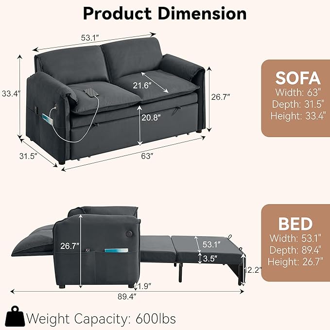 63" Velvet Convertible Sleeper Loveseat Sofa Bed, Pull Out Couch Bed