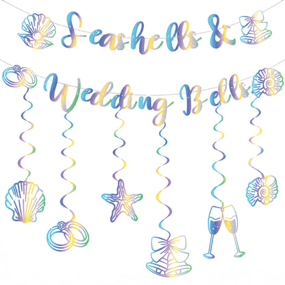 Seashells and Wedding Bells Decor - Rainbow Iridescent Holographic Bachelorette Bridal Shower Decorations Last Toast on the Coast Party Garland Hanging Swirls