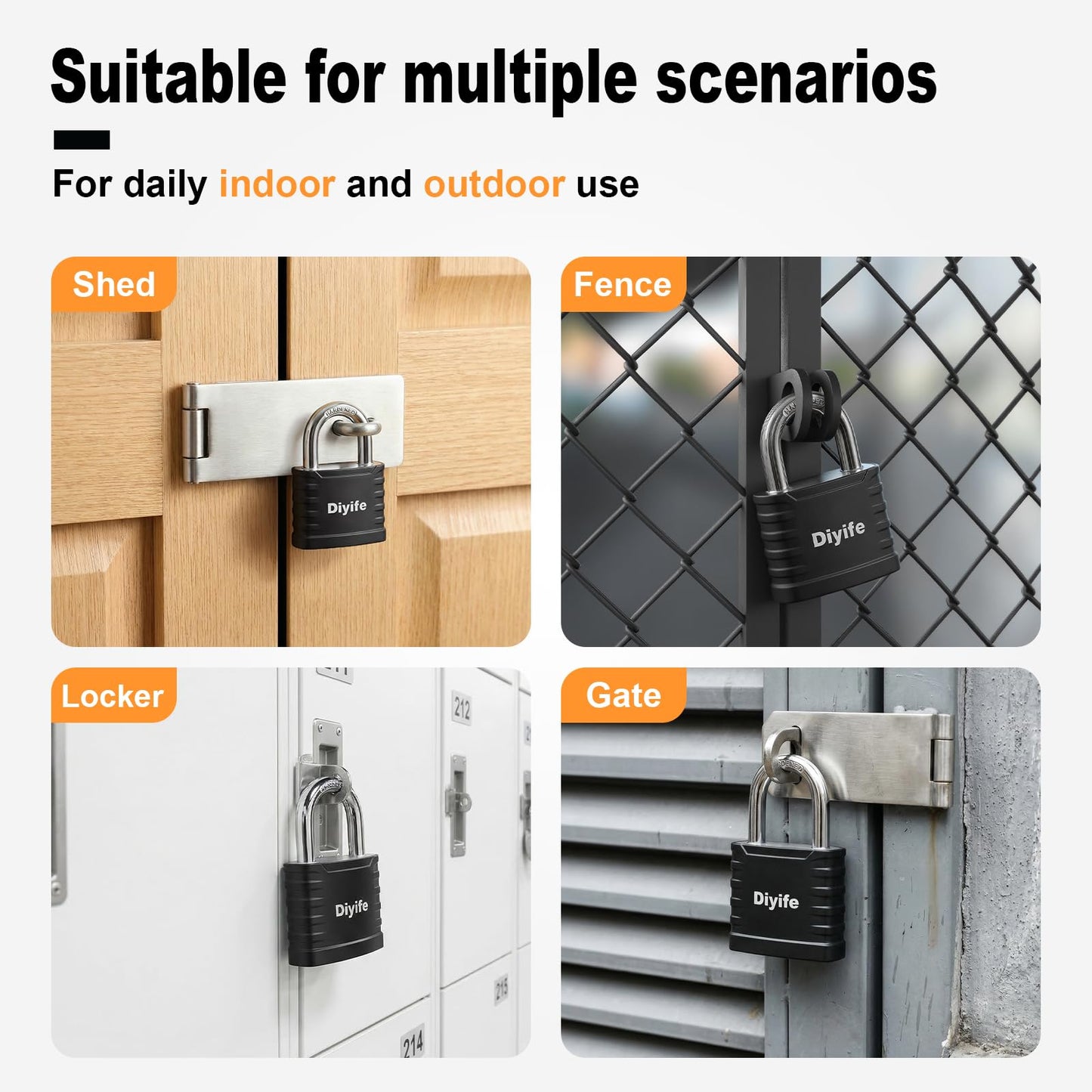 Diyife Padlock with Key, [2 Pack] [3 Keys] Locker Lock with Keys Alike, 5-Pin 41.6mm High Security Keyed Padlock with 1/4 Inch Hardened Steel Shackle, Outdoor Locks for Gym Locker, Fence, Gate, School