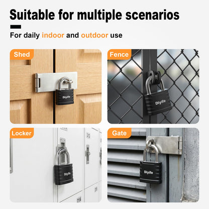 Diyife Padlock with Key, [2 Pack] [3 Keys] Locker Lock with Keys Alike, 5-Pin 41.6mm High Security Keyed Padlock with 1/4 Inch Hardened Steel Shackle, Outdoor Locks for Gym Locker, Fence, Gate, School