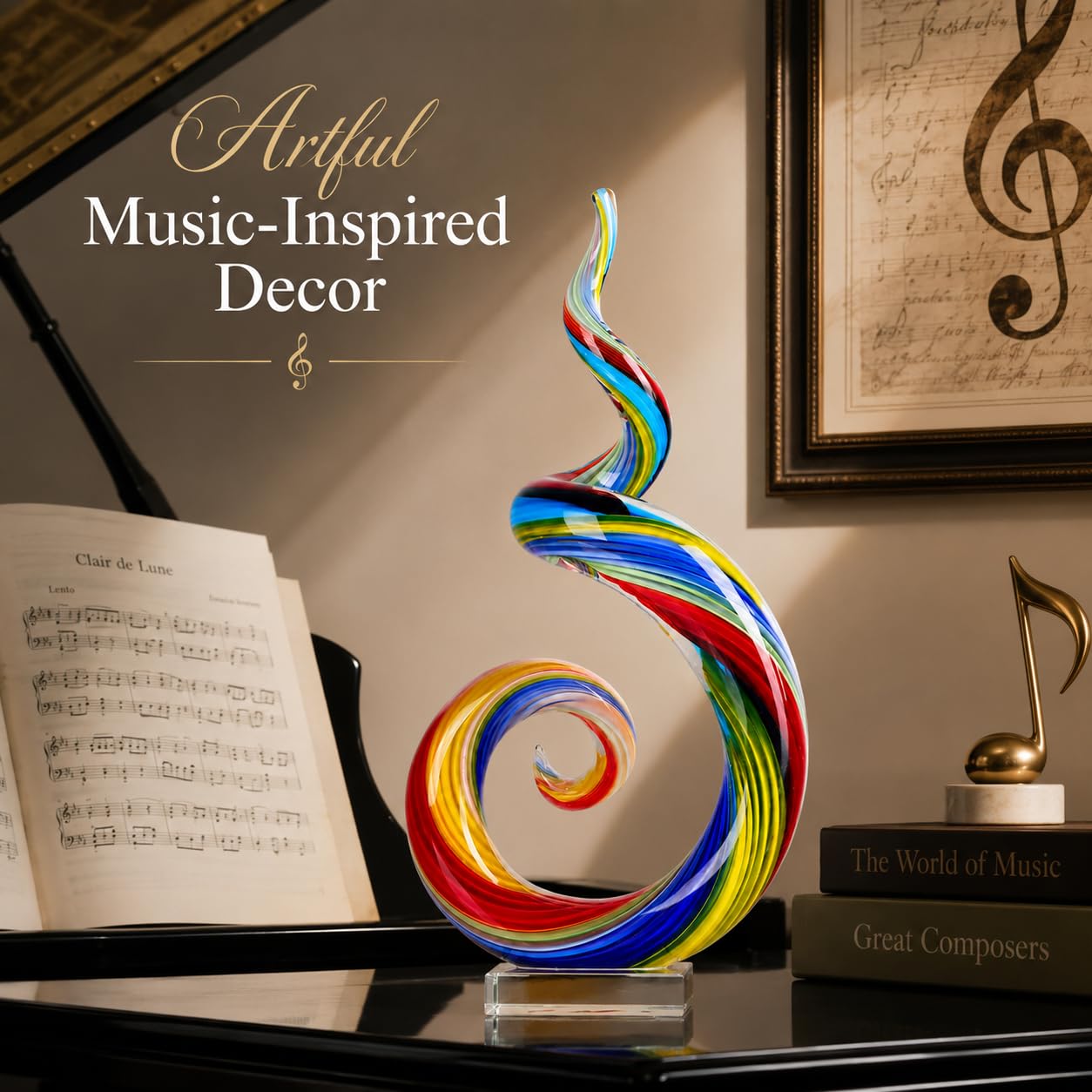 XMGZQ 13.7" Colour Hand-Blown Art Glass Sculpture,Abstract Rainbow Swirl Style Sea Glass Statue and Figurine,Coastal Ocean Nautical Home Decor,Shelf,TV Stand,Tabletop Centerpieces,Wonderful Gift