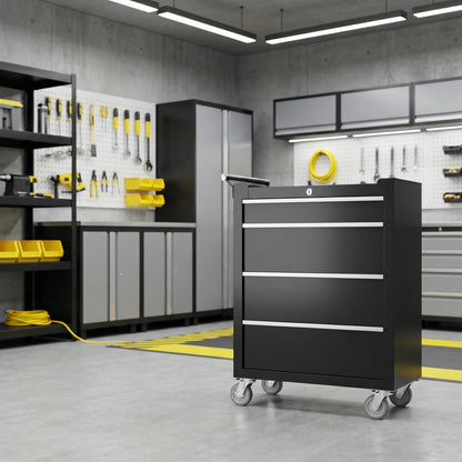 SierraSquad Rolling Tool Chest, 4-Drawer Tool Storage Cabinet, Tool Box with Wheels, Lock System and Drawer Liners, Tool Cart for Warehouse, Workshop and Repair Shop, Black