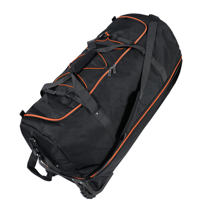 Vrtisa 110L Expandable to 140L 32” Foldable Oxford Soft-Sided Rolling Duffle Bag with 2 Heavy-Duty Wheels,2 Large Compartments,Adjustable Shoulder Strap and Attached Organizer Pouch,Black Orange