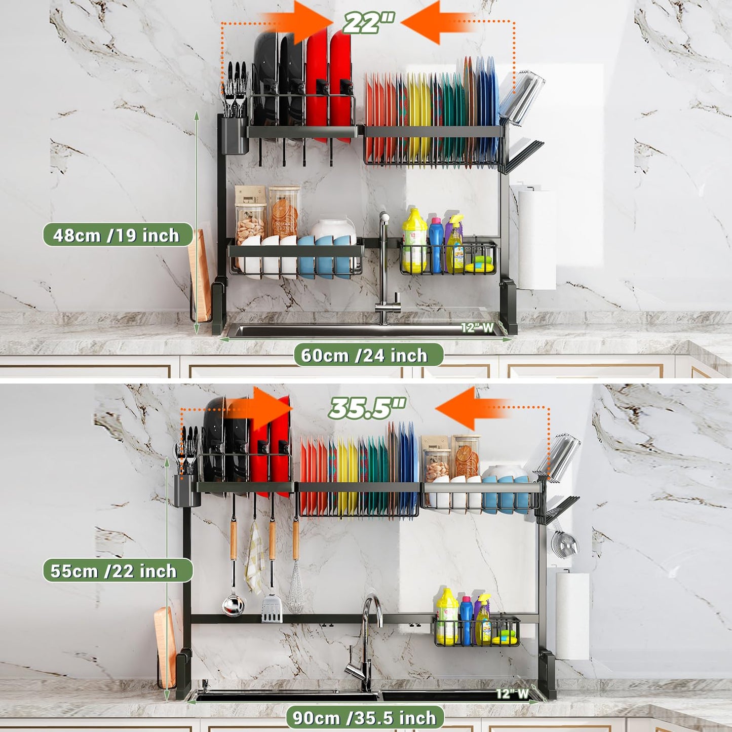 Sink Rack Dish Drainer for Kitchen Sink Racks Stainless Steel Over The Sink Shelf Storage Rack (Sink Size ≤ 32 1/2 inch) 37.4X12.5X20.5inch Black