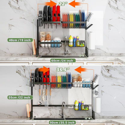 Sink Rack Dish Drainer for Kitchen Sink Racks Stainless Steel Over The Sink Shelf Storage Rack (Sink Size ≤ 32 1/2 inch) 37.4X12.5X20.5inch Black