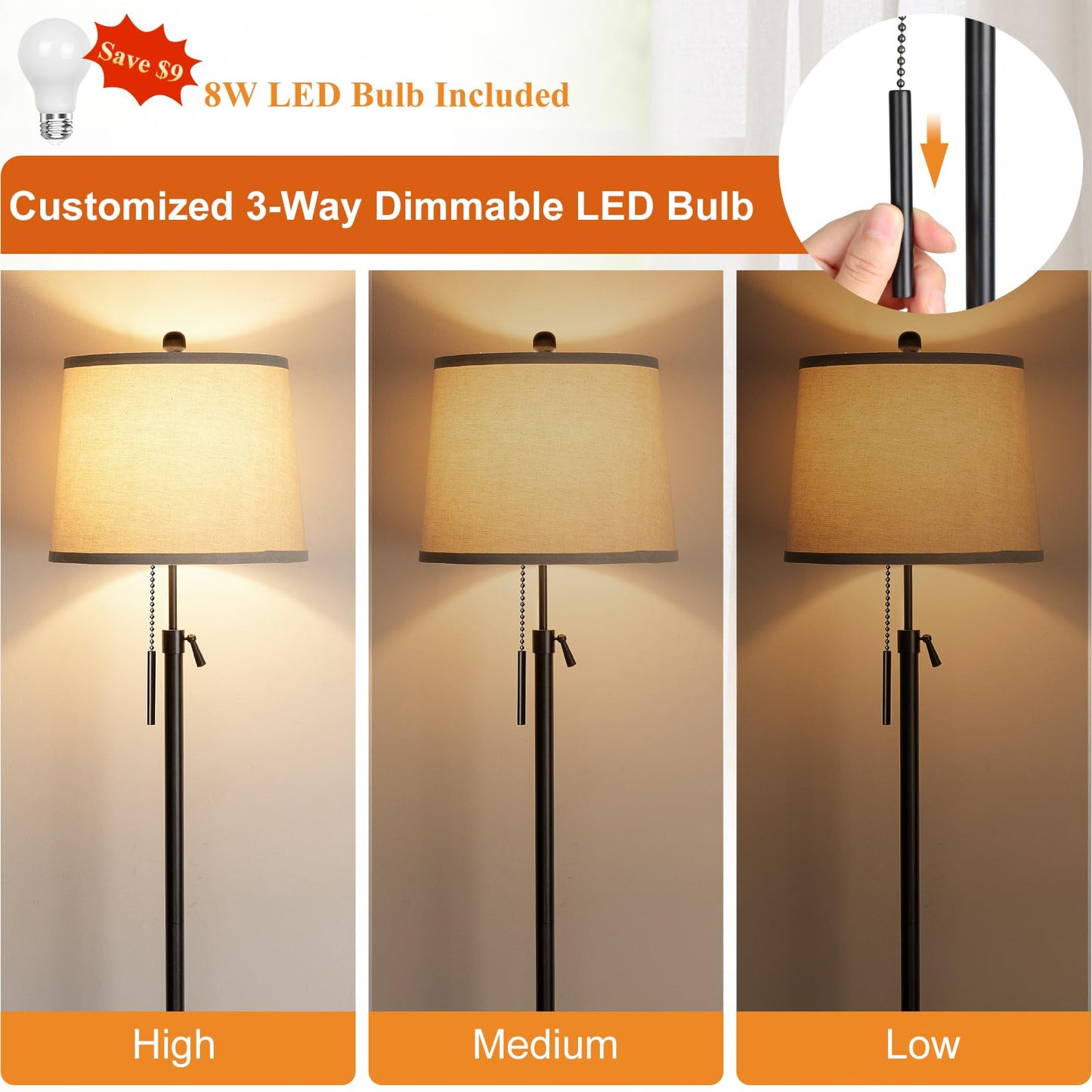 JUNNAI Floor Lamps for Living Room, Black Floor Lamp Adjustable Height Standing Lamp, Dimmable Modern Tall Floor Lamp for Bedroom Office with Beige Linen Shade, 8W 3000K Bulb Included