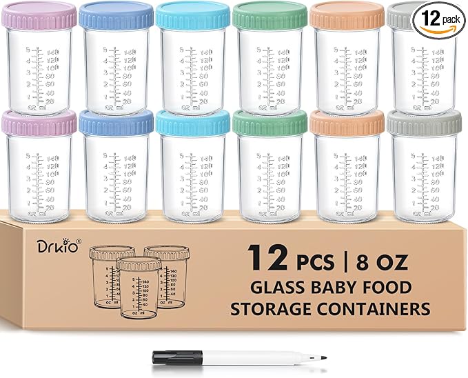DRKIO 12 Pack Glass Baby Food Storage Containers - 8 Oz Baby Food Jars
