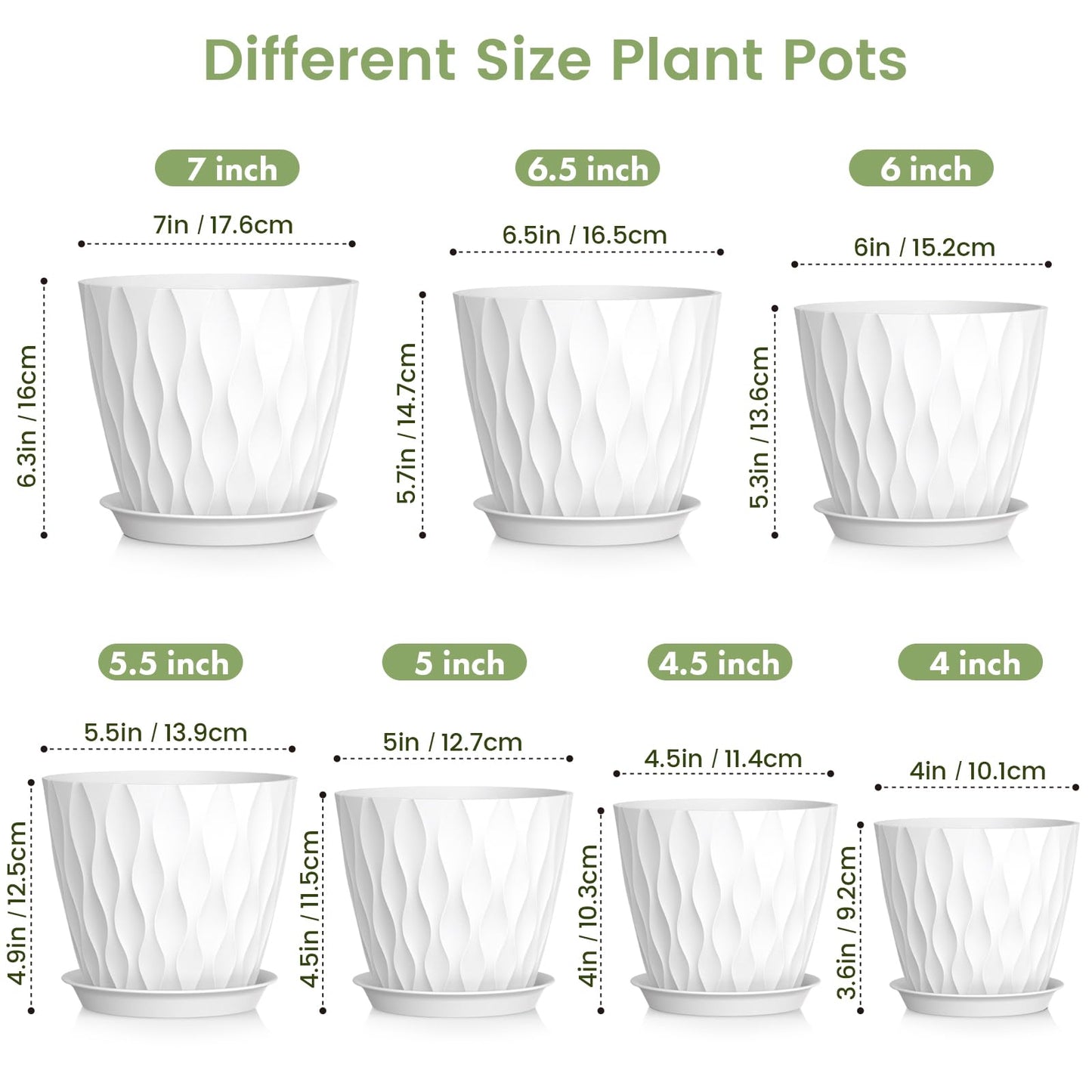 Meowell 7/6.5/6/5.5/5/4.5/4 inch Plant Pots for Indoor Outdoor Plants, 7 Pack Thick Flower Pots with Drainage Holes and Saucers, Modern Wave Texture Plastic Planter Pots for Nursery, Succulent, White