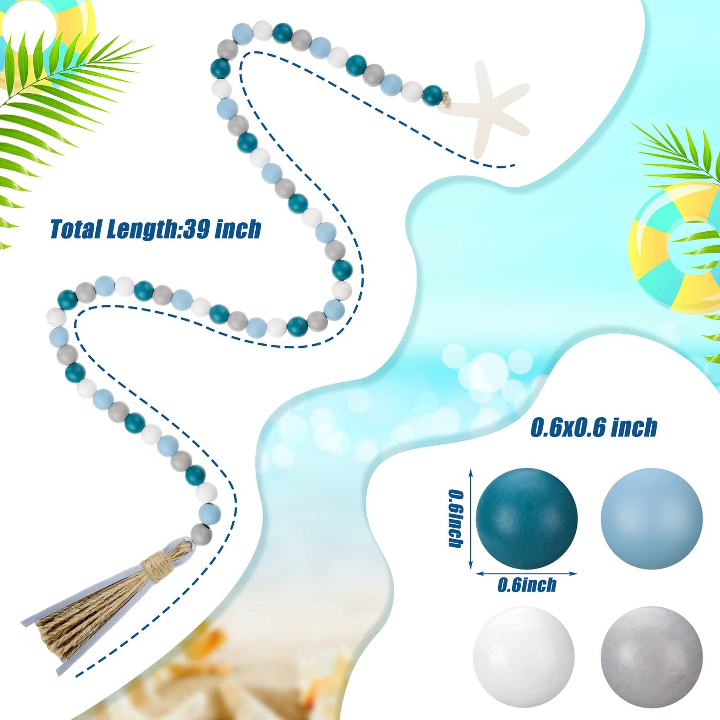 Janinka 2 Pcs Farmhouse Seashell Bead Garland with Tassels Decorative Beads Decor Nautical Farmhouse Tiered Tray Decorations Set Coastal Garland for Home and Kitchen, Wooden Beads(White)