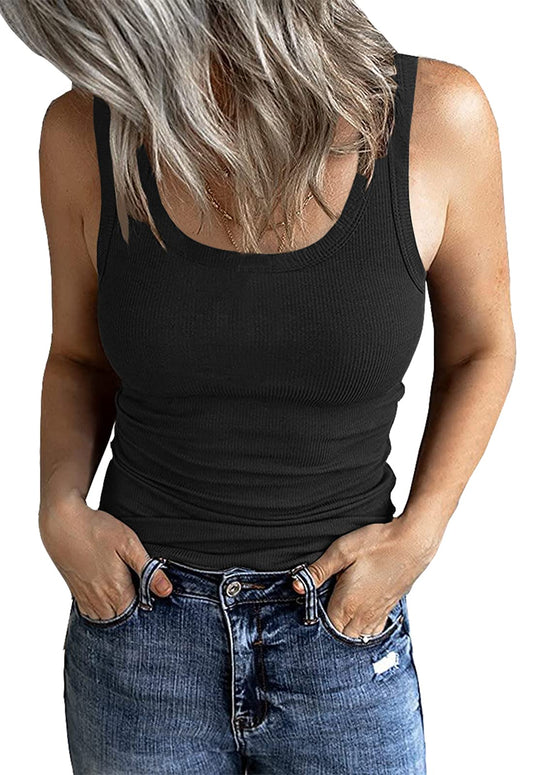 GEMBERA Women's Sleeveless Scoop Neck Ribbed Tank Tops Fitted Basic Cami Tee Shirts(Black,L)