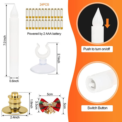 Kithouse Flameless Candles-Window Candles-LED Battery Operated Candles with 24 AAA Batteries,10-Key Remote and Daily Timer,Window Suction Cups,Gold Removable Holders,Christmas Bow