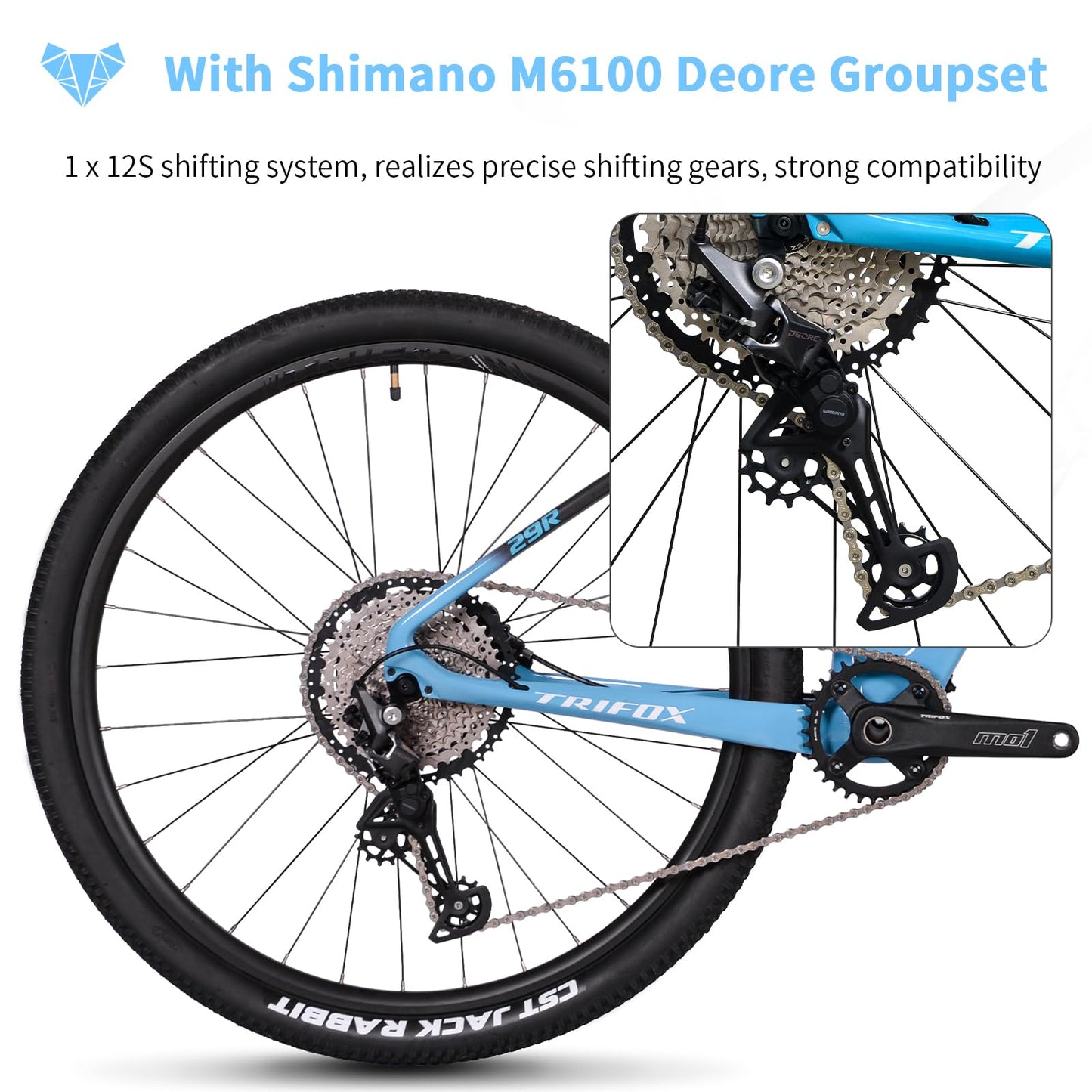TRIFOX Carbon Fiber Mountain Bike with Shimano M6100 Deore Groupset 12-Speed,Carbon Fiber Frame,Hydraulic Fork 130mm Travel,29er Mountain Bike for Adult 17/19 inch (Blue, 29er * 17 inch)