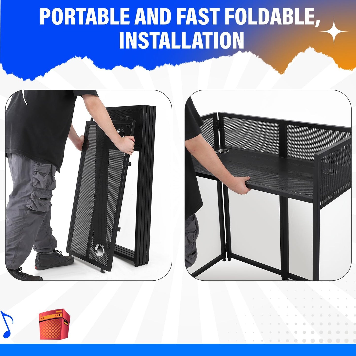 DJ Facade Portable Booth Table with White & Black Lighting Scrim,50" L X 25" W DJ Stand Booth,Foldable DJ Table Station with Adjustable DJ Event Facade Feet for Party, Black Metal Frame