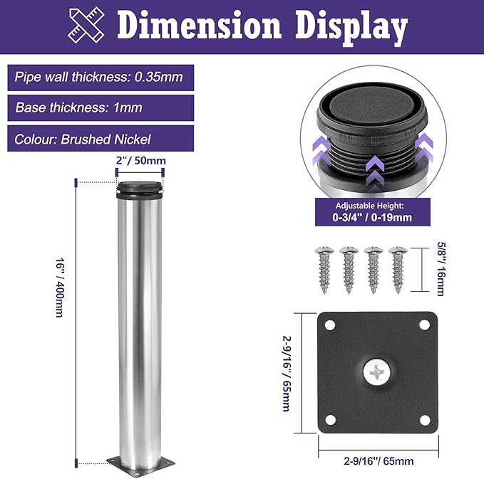 16 Inch Metal Furniture Legs Stainless Steel Adjustable Legs Silver Metal Legs