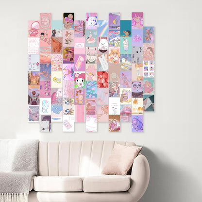 KBKBART Anime Aesthetic Wall Collage Kit, 70pcs Kawaii Room Decor, Pink Cartoon Assembled Print Card Set, Anime Photo Wall Collage Posters for Room Aesthetic, Cute Danish Pastel Wall Art 4x6 for