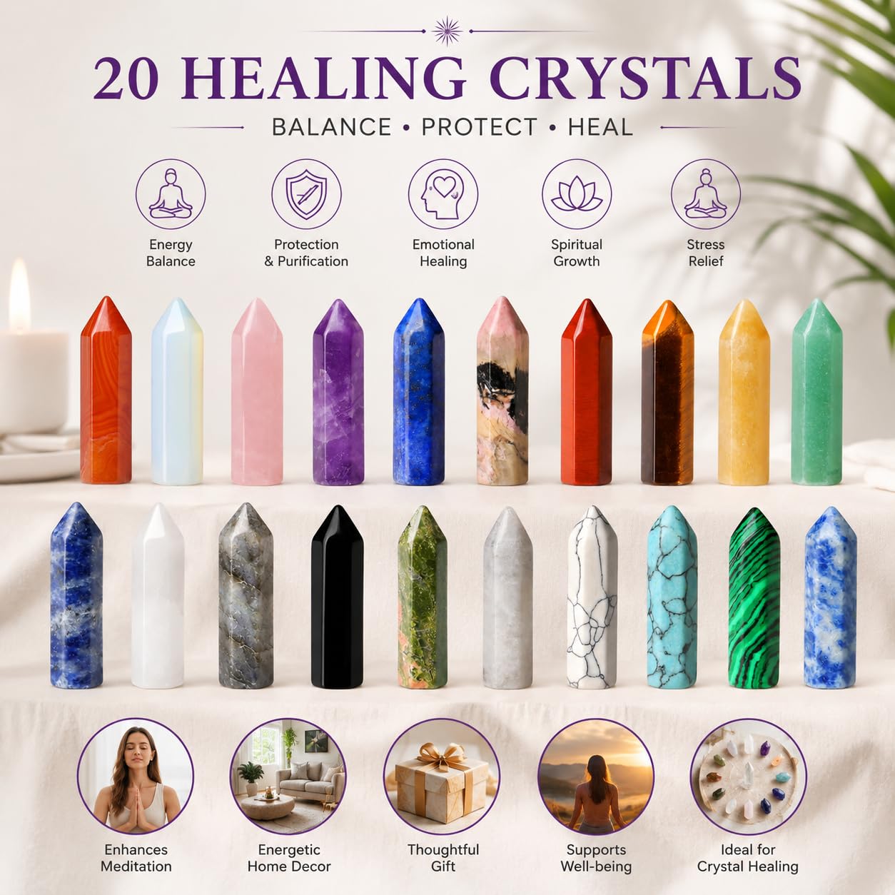 QINJIEJIE 20 PCS Healing Crystals Stones Sets Wands Bulk Natural Pocket Amethyst Crystal Rose Quartz Assorted Pointed Reiki Gemstones Polished Energy Meditation Chakra Mother's Day Gifts for Women