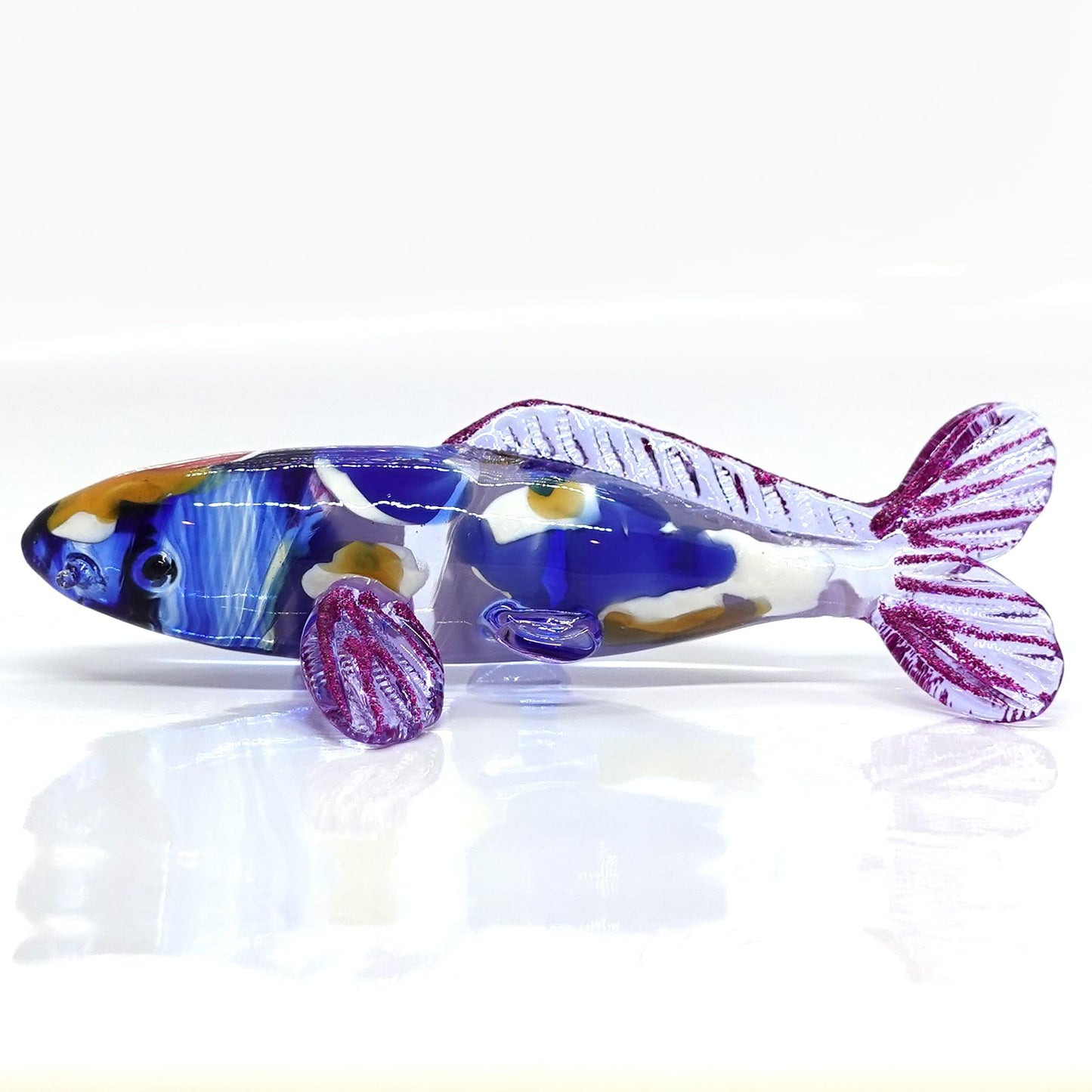 Sansukjai Japanese Koi Carp Fish Miniature Figurines Animals Hand Blown Glass Art Collectible Gift Decorate (4.5" Blue Purple)