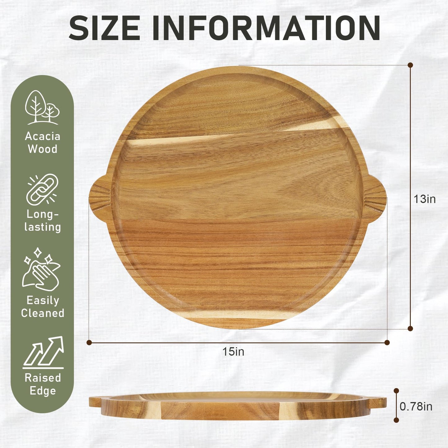 Acacia Wood Charcuterie Board with Handles 13'' - Large Round Cheese Board Serving Tray Wooden Charcuterie Serving Platter for Coffee Table, Family Gatherings, Parties & Housewarming Gifts