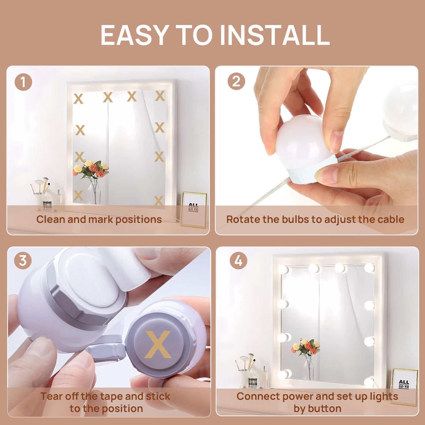 Akynite Hollywood Mirror Lights Stick on 10 Bulbs, USB Cable Adjustable, 3 Colour Changing and 10 Brightness, LED Vanity Mirror Lamp Dimmable, Makeup Lights for Dressing Table (No Adapter)