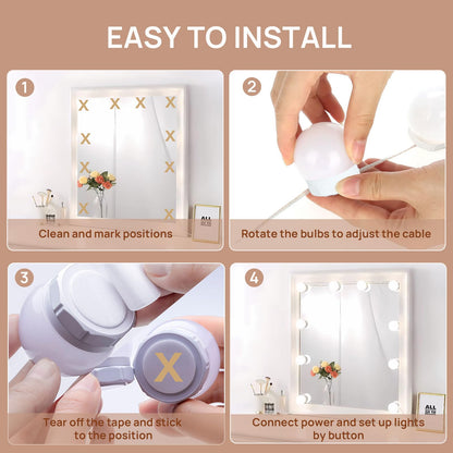 Akynite Hollywood Mirror Lights Stick on 10 Bulbs, USB Cable Adjustable, 3 Colour Changing and 10 Brightness, LED Vanity Mirror Lamp Dimmable, Makeup Lights for Dressing Table (No Adapter)