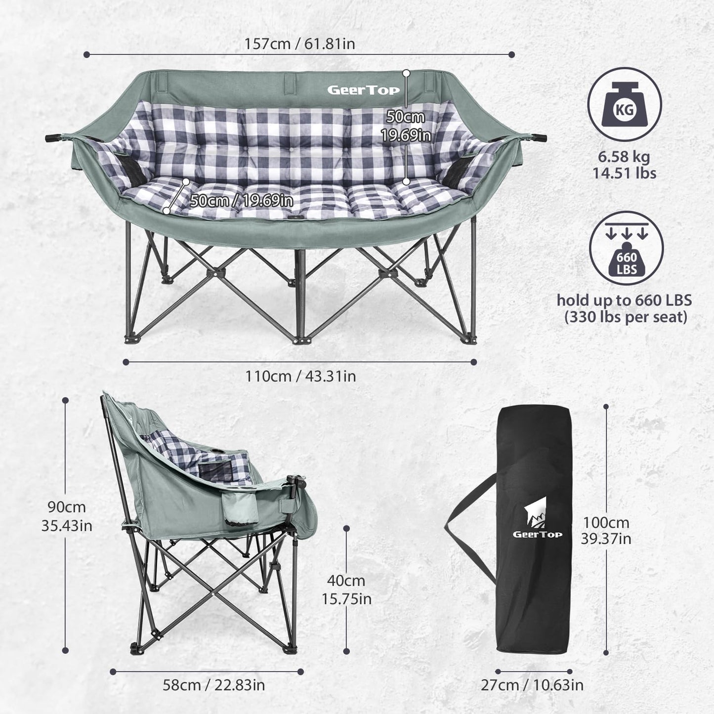 GEERTOP Double Camping Chair for Adults Comfort Suede Padded Loveseat Heavy Duty Oversized 2 Person Camp Chair Sofa with Cup Holders for Outdoor Backyard Lawn BBQ Festival
