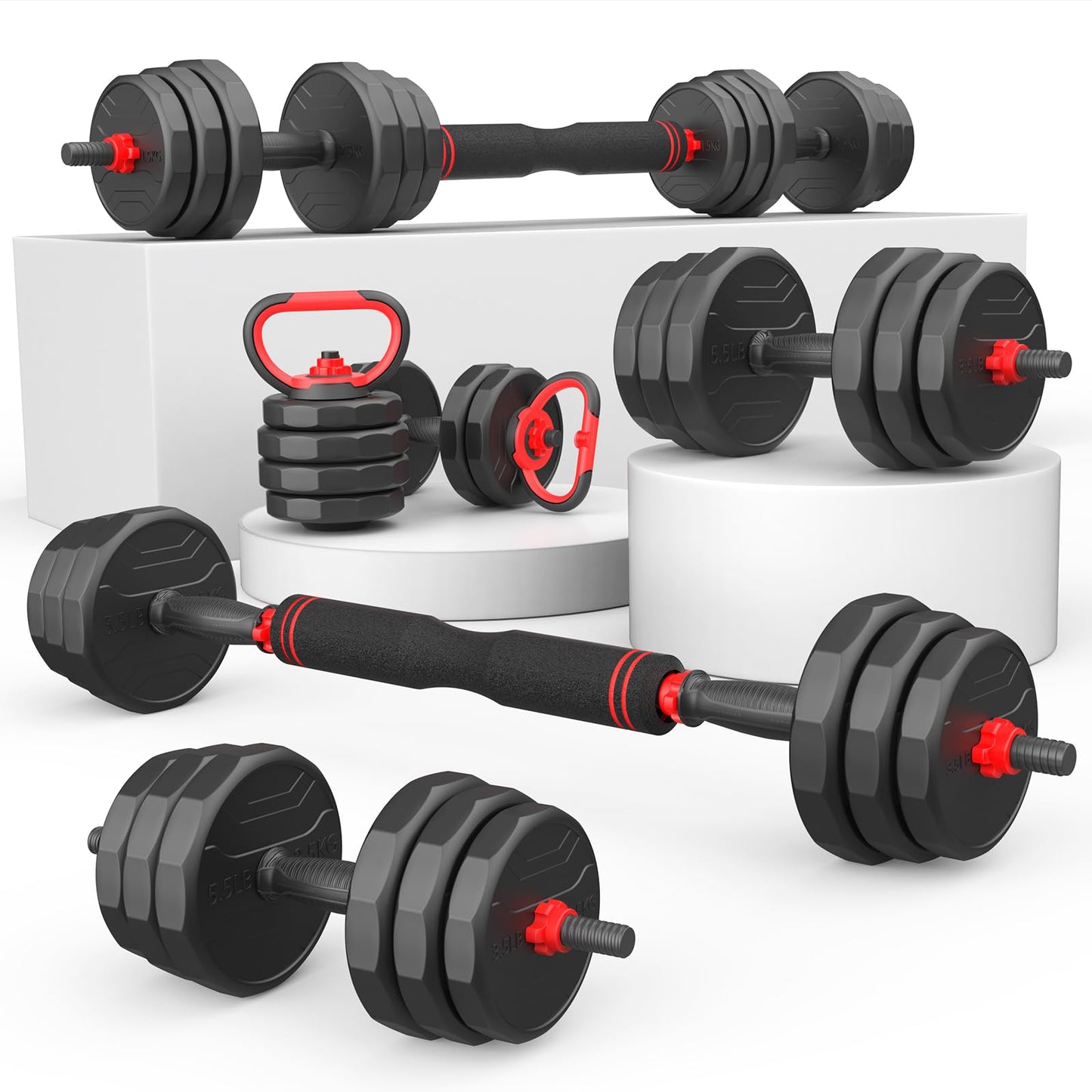 Adjustable Dumbbells, 20/30/40/55/60/70/80/90lbs Free Weights Dumbbells Convertible 2 or 3 in 1 Set Used as Barbell, Kettlebells, A Pair of Lightweight for Home Gym