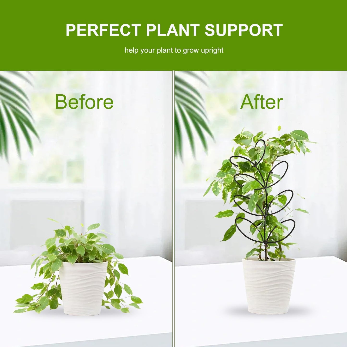 2 Pack 14.6 Inch Plant Trellis Indoor for Climbing Plants with 50 Plant Ties, Small Metal Garden Trellis for Potted Plants, Leaf Shaped Support for Ivy Hoya Pothos Monstera Houseplants