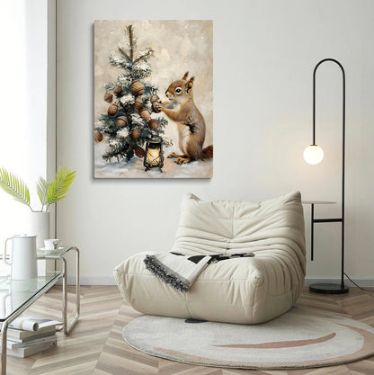 Tree Decor Winter Wall Art, Winter Squirrel Print, Snowy Pine Tree, Rustic Lantern, Acorn Ornaments, Holiday Scene Art, Woodland Christmas,Christmas Rustic Farmhouse Decor 16x24inch Unframed