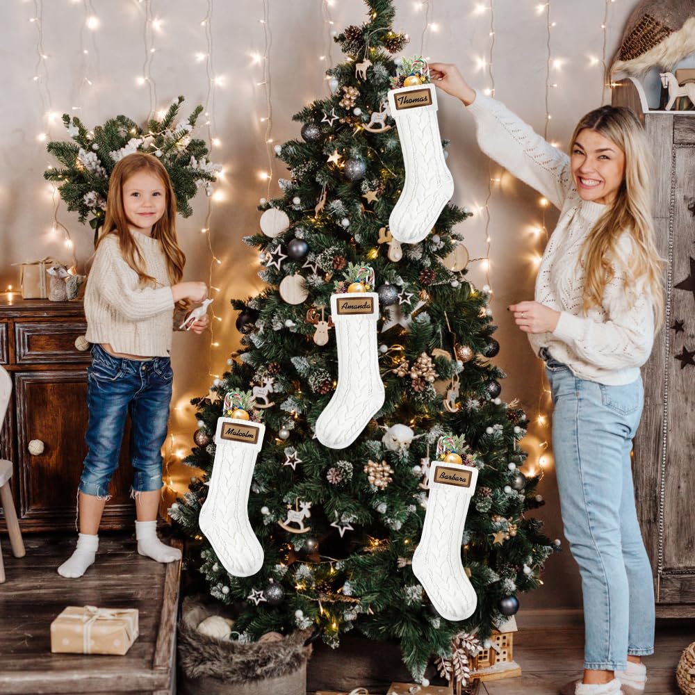 XOYTN 4Pack Christmas Stocking with Leather Patches，18Inches Large White Custom Name Personalized Hanging Cable Knitted Xmas Stockings for Christmas Family Party Fireplace Decor