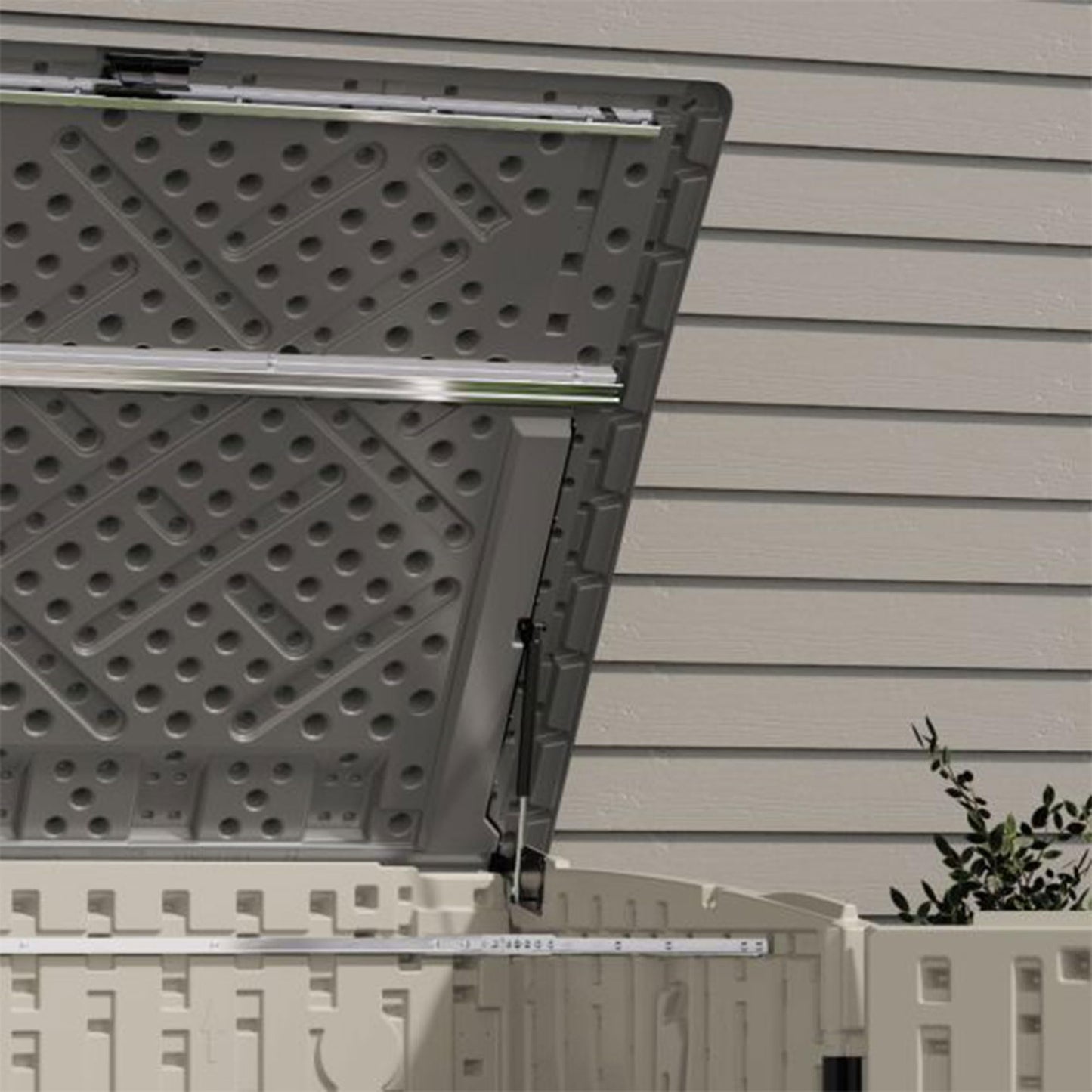 Suncast 5.9 ft. x 3.7 ft Horizontal Stow-Away Storage Shed - Natural Wood-like Outdoor Storage for Trash Cans and Yard Tools - All-Weather Resin, Hinged Lid, Reinforced Floor - Vanilla and Stoney