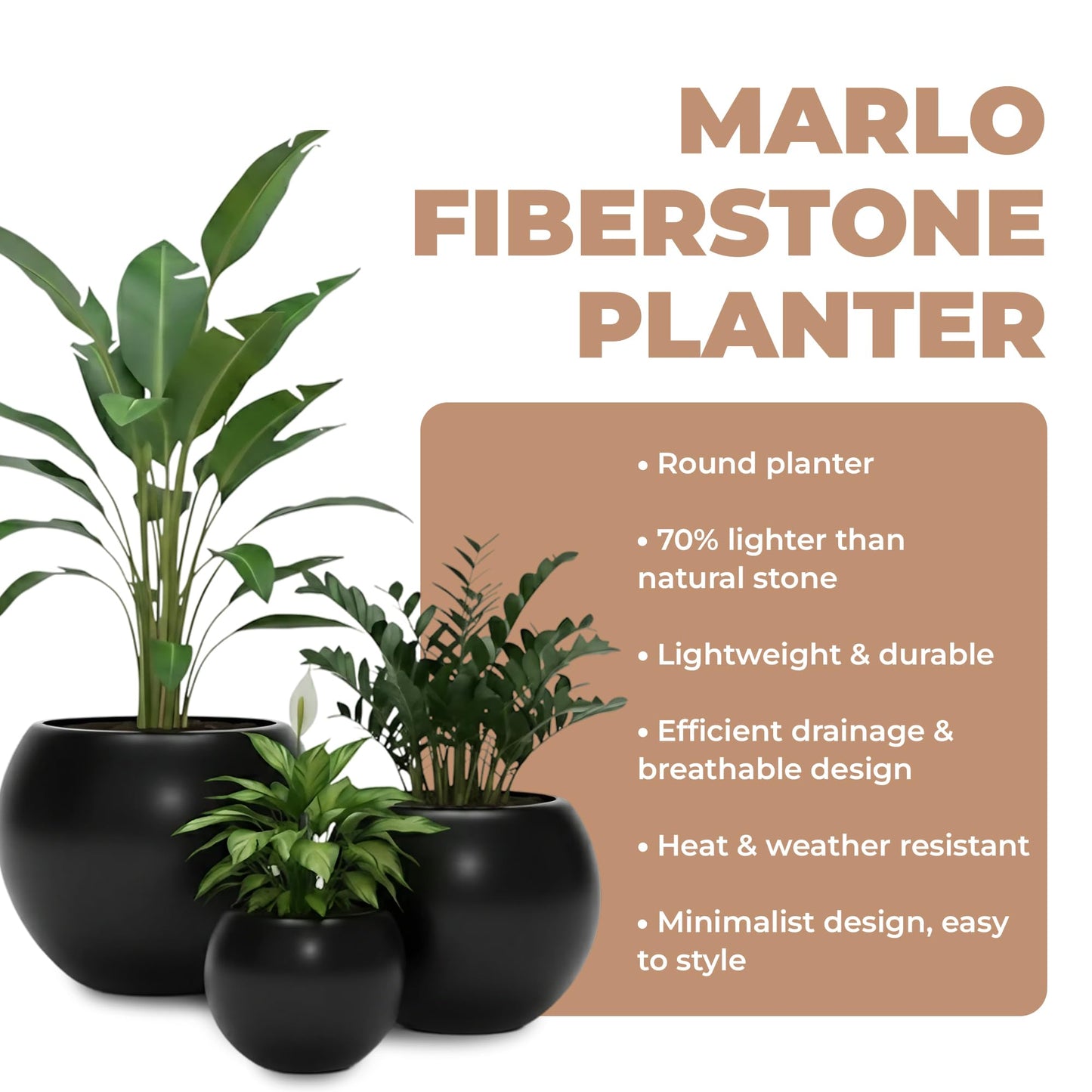 DEPLA LANE Marlo Fiberstone Round Planter, Lightweight, Durable (11.6" Pot Opening x 16.9"D x 13.4"H) Smooth Finishes, UV Resistant, Modern Minimalist Home Decor, Indoor Outdoor Plant Pot (M, Black)