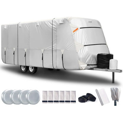 FRUNO Oxford Fabric Travel Trailer Cover RV Cover 22'-24' Waterproof Rip-Resistant Anti-UV Camper Cover for Winter Snow with Jack Cover 4 Tire Covers and Gutter Covers