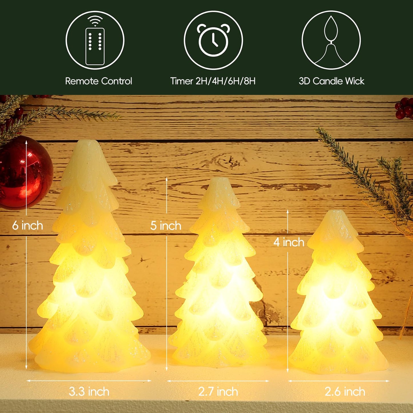 CHUANGLI 3 Pcs Glittering White Christmas Tree Shaped Candle Flickering Flameless LED Candles with Remote, Real Wax Battery Operated Candle for Christmas Home Party Decoration and Gift